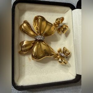 Gold Bow Crystal Accent Brooch and Earring Set